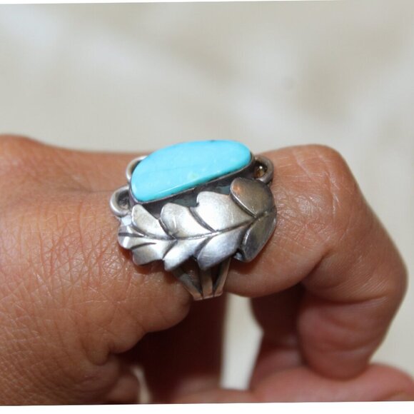 Sterling Silver Turquoise Navajo Ring Feather Native American 5.5 Signed 7.9g - Picture 6 of 11
